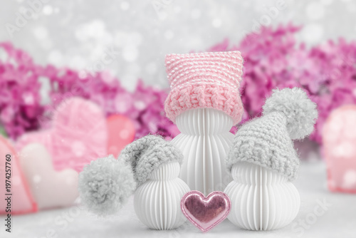 Happy Mother's Day concept. Papercraft snowmen family with mama and children. Cute greeting card