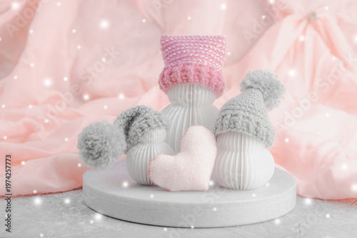 Happy Mother's Day concept. Papercraft snowmen family with mama and children. Cute greeting card