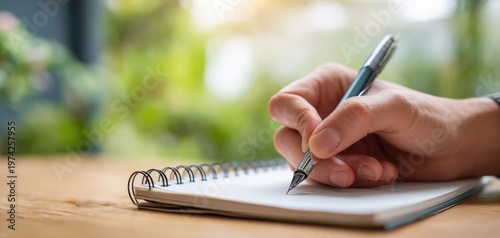 The Hand Writing in Spiral Notebook with Fountain Pen on Wooden Table