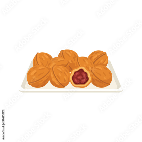 Walnut Shaped Cookies with Jam Filling on Plate Vector Illustration Isolated on White