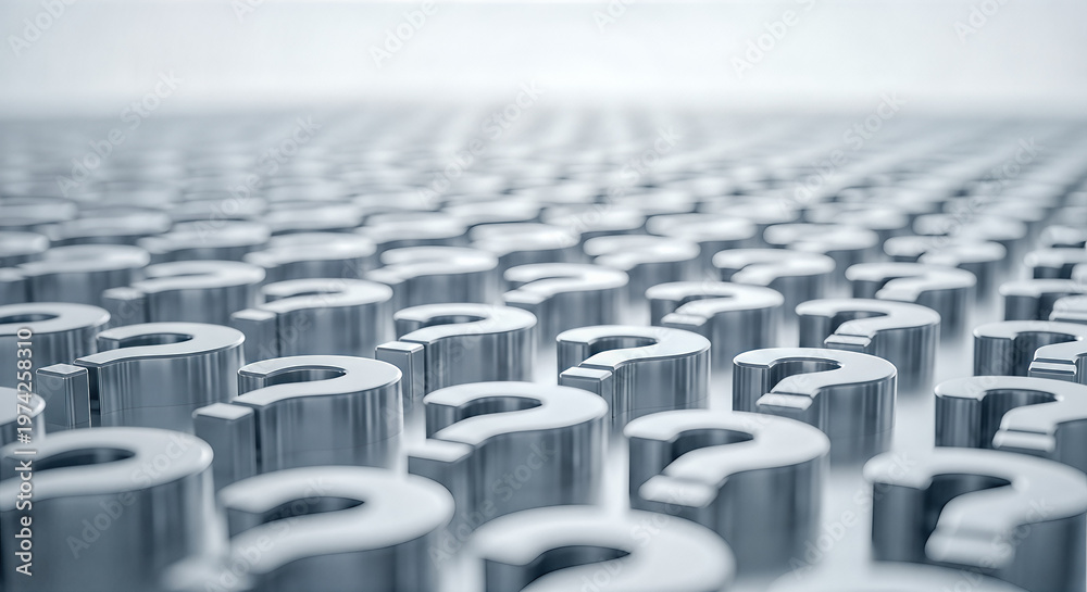 Fototapeta premium massive endless array of metallic 3d question marks standing on bright reflective surface vanishing into distance mystery support faq uncertainty choice background
