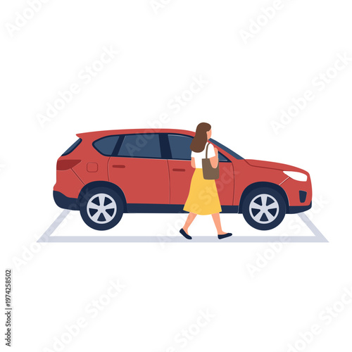 Woman walks next to a parked red car in a lot