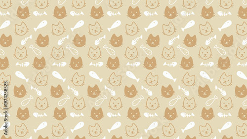Cute cartoon cats and fish on soft beige background. Whimsical design with gentle brown and white tones. Perfect for baby rooms or pet-related content. Friendly, playful vibe appeals to all ages