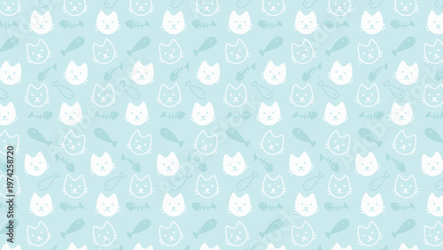 Cute cat faces repeat across soft pastel background. Each face shows calm, friendly, smiling expression. Pattern includes tiny brushes and whiskers nearby
