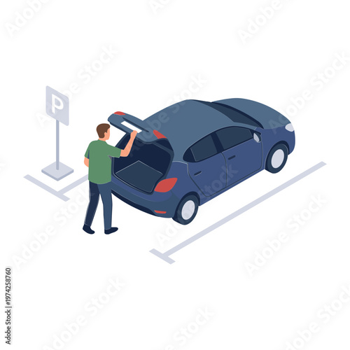 Man loading luggage into car trunk at parking lot with sign