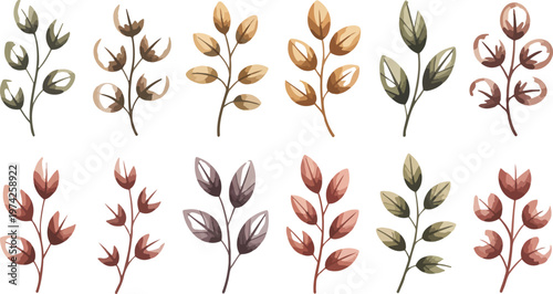 Clean watercolor illustration of eight floral branches with symmetrical leaves in olive burgundy coral and warm earthy tones