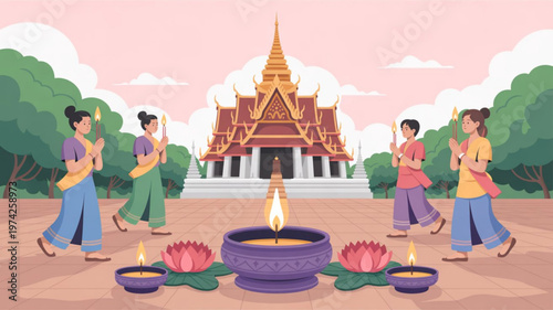 People holding candles in a procession around a temple celebrating a religious festival with lotus flowers and lanterns traditional culture concep