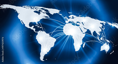 abstract global digital connection background displaying white world map linked by glowing light lines networking nodes over dark blue space