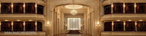 Elegant interior of a grand opera house with ornate balconies, chandeliers, and warm lighting.