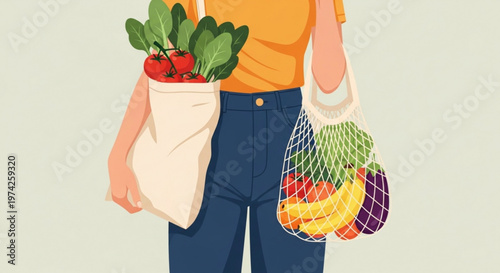 Person holding reusable grocery bags filled with fresh produce concept of sustainable shopping and healthy eating flat illustration