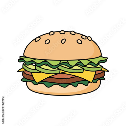 Cheeseburger vector illustration with lettuce, cheese, and sesame bun isolated on white background
