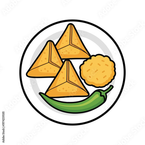 Indian snack plate vector with samosa, chili, and pakora in cartoon style illustration
