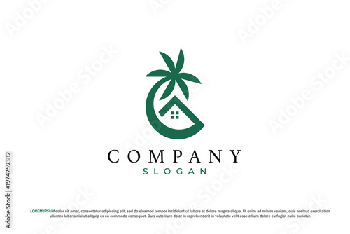 Tropical real estate company logo with palm tree and house