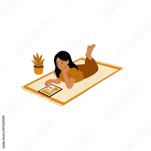 Woman lying on mat reads book beside potted plant indoors