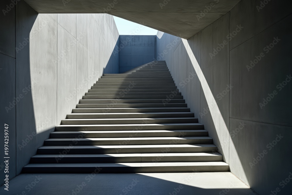 Obraz premium Modern concrete staircase with dramatic sunlight and shadows in minimalist architecture