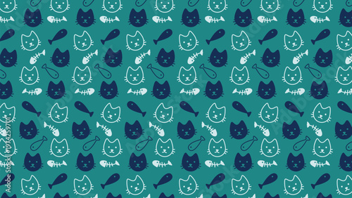 Cute cartoon cats and fish bones on teal background. Pattern repeats evenly across full image space. Ideal for children's products or playful designs. Feline faces show friendly, curious expressions