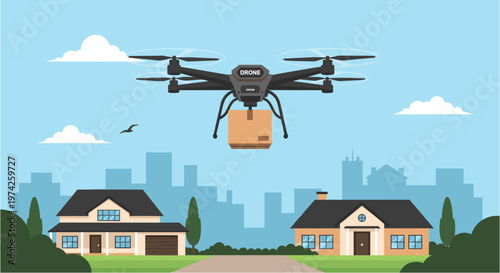 An advanced drone delivers a package to a suburban home, showcasing modern logistics and efficient last-mile delivery services.