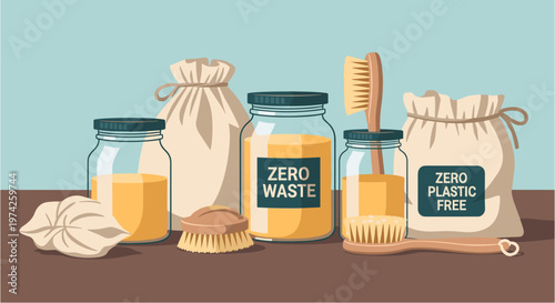 An eco-friendly assortment of zero waste and plastic-free bathroom and kitchen essentials, promoting sustainable living and environmental consciousness.