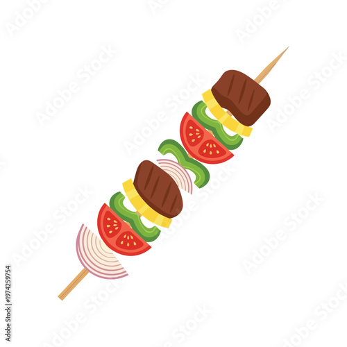 Grilled Kebab Skewer with Vegetables and Meat Flat Style Vector Illustration