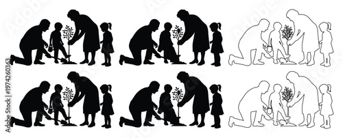 Family planting tree silhouette vector set, parents and children gardening together, environmental conservation and sustainability concept icons