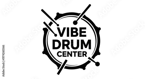 Drum logo with drumsticks and text.