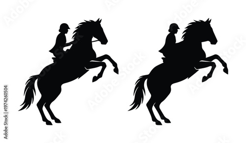 Equestrian horse rider silhouette set, rearing stallion with jockey vector, black dressage horse jumping and prancing icons for sports logos