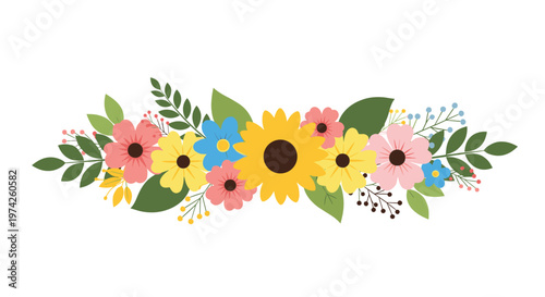 Colorful floral border arrangement featuring a large yellow sunflower surrounded by pink and blue blossoms with green leaves.