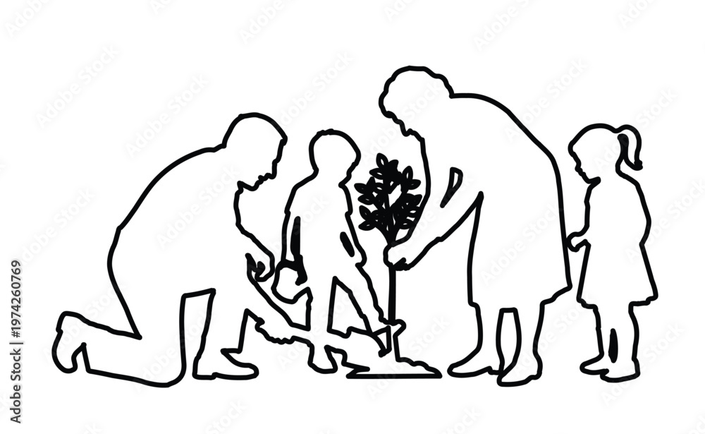 Fototapeta premium Minimalist family planting tree outline vector, black line art of parents and children gardening, environmental conservation concept illustration