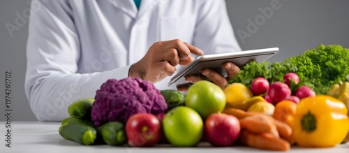 A nutritionist holds a tablet near fresh fruits and vegetables. A doctor uses technology to plan diets or conduct medical consultations. A healthcare professional uses a digital tablet 