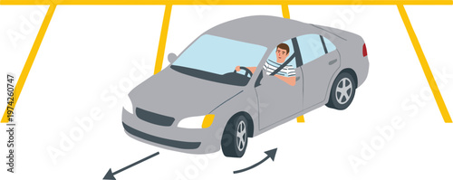 A man drives a gray car on the road with arrows indicating movement.