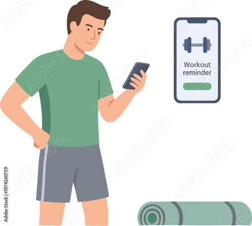 Man checks phone for workout reminder with yoga mat and dumbbell nearby