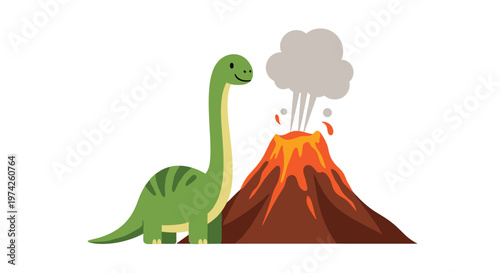Green long-necked dinosaur standing next to a brown erupting volcano with grey smoke and bright orange flowing lava.