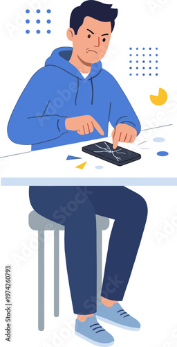 Man sitting at table working on device with tools nearby indoors