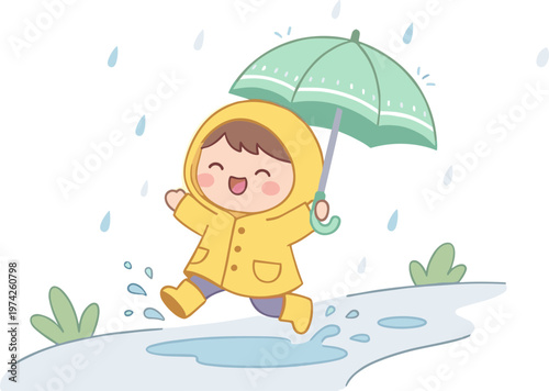 A smiling child jumps in a puddle while holding a green umbrella on a rainy day.