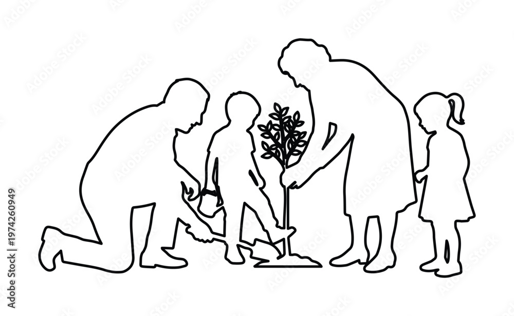 Obraz premium Minimalist family planting tree outline vector, multi-generational family gardening silhouette, parents and children environmental conservation concept