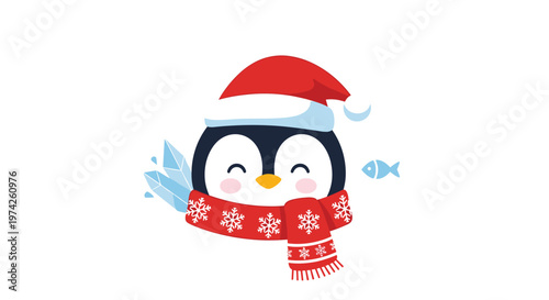 Festive penguin face illustration wearing a red and white santa hat and a matching snowflake pattern winter scarf.
