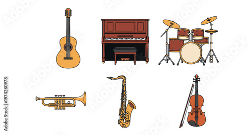 Musical instruments on white background.