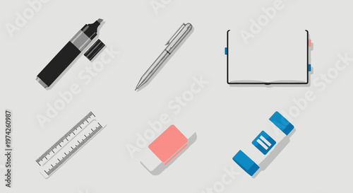 Office supplies on a table top.