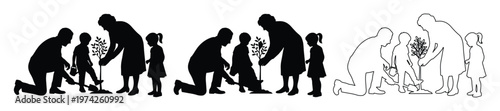 Family planting tree silhouette vector, parents and children gardening together, environmental conservation and reforestation concept icons