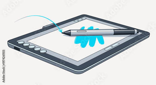 Stylus pen on graphics tablet screen.