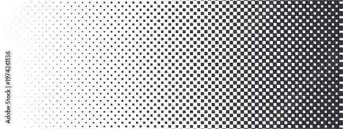 Black halftone gradient pattern. Square dot grid fading from sparse to dense. Horizontal transition texture. Comic overlay, retro poster, manga background, screen tone, pixel effect design. Vector.