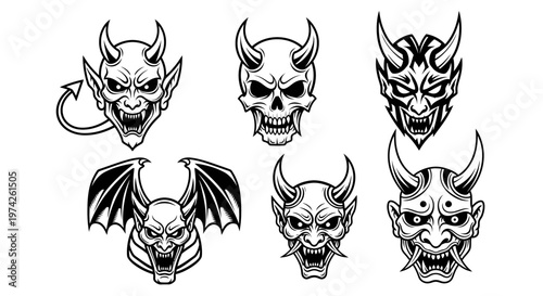 Collection of devil demon faces heads.