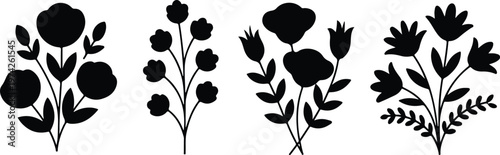 Clean line art wildflower illustration collection featuring four floral silhouettes with stems leaves and buds arrangement
