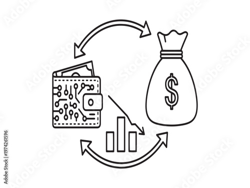 Title financial transaction sketch money flowing from digital wallet to bag and market decline description a hand drawn sketch depicting money transfer from