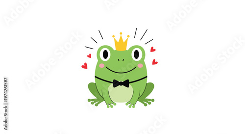 Royal frog prince wearing a golden crown and black bowtie surrounded by small red hearts on a white background.