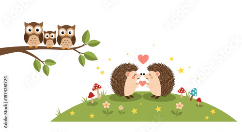 Whimsical scene featuring an owl family on a branch and hedgehog couple on a green hill with colorful mushrooms.