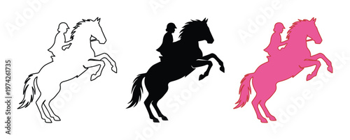 Equestrian horse rider silhouette set, rearing stallion with jockey vector icons, black and pink dressage horse jumping graphics for sports logos