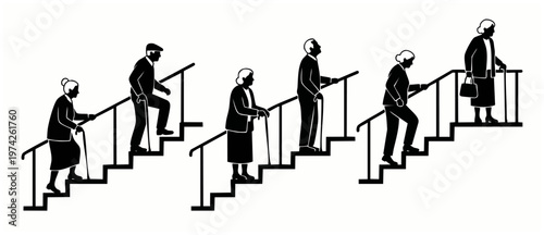 Elderly people climbing stairs icon set, seniors walking up staircase using walking canes, retirement active lifestyle concept, black and white flat vector illustration isolated on white background