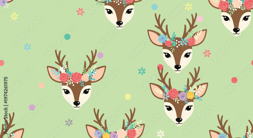 Naklejka premium Elegant seamless pattern of deer heads wearing beautiful flower crowns on a soft green background with dots.