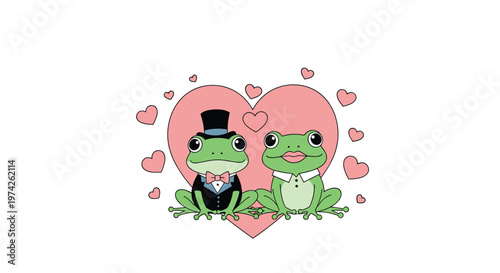 Loving frog couple sitting in front of a pink heart background, with the male frog wearing a dapper top hat.